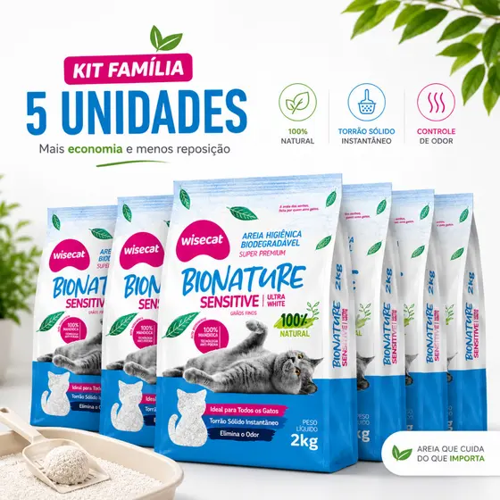 Kit 5 Areias Higiênica Biodegradável Gato 2kg Mandioca 100% Natural Sem Poeira Odor Aglomerante