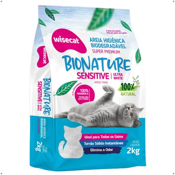 Areia Para Gato 2kg Ultra Fina Wisecat Bionature Sem Cheiro Alta Absorção Natural