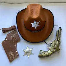 Kit Chapéu Xerife Para Festa Carnaval Fantasia Com 5 Peças Diversão Faroeste Velho Oeste