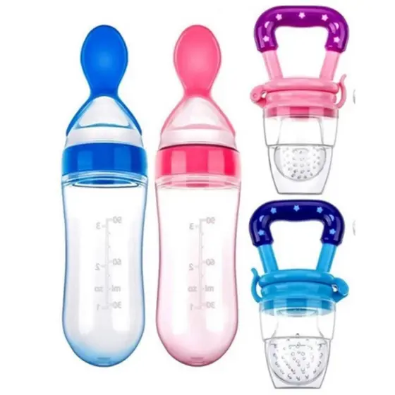 Alimentação Infantil Chupeta Mordedor Porta Frutas e Mamadeira de Silicone com Colher Dosadora