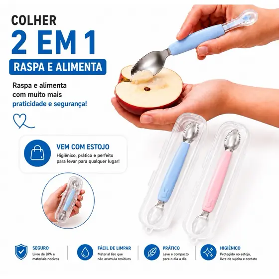 Colher 2 em 1 com Função de Raspa Frutinhas e Colher de Silicone Macio c/ Estojo Alimentação do Bebê