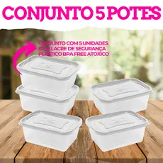Kit Conjunto 5 Potes Plásticos BPA FREE Marmita Freezer Cozinha Organização de Casa Geladeira Comida Hermeticos