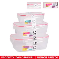 Kit 3 Potes Hermético 500ml/1L/1,5L , Plástico Resistente Tampa Trava Silicone Marmita Geladeira Microondas Freezer