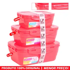 Kit 3 Potes Hermético Colors 500ml/1L/1,5L,  Resistente Tampa Trava Vedação, Marmita Organizador, Microondas, Freezer