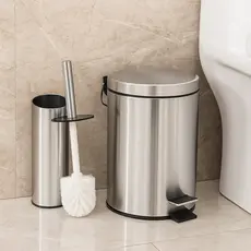 Kit Banheiro com Lixeira Aço Inox 3 Litros c/ Pedal + Escova Sanitária com Suporte Aço Inox Estilo
