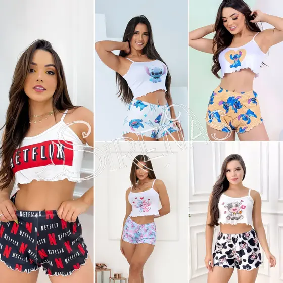 kit com 2 Pijama diversos Personagens baby doll Cropped Virginia Luxo Feminino Ondinha Alcinha