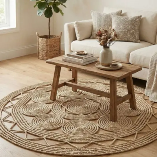 Tapete Redondo Palha Carnaúba Artesanal 1m e 1,20m Boho Natural Sustentável para Sala e Quarto