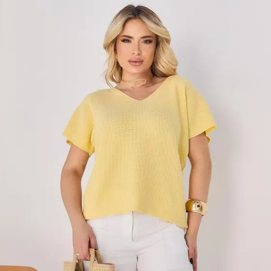 Blusa Modal Feminina T-Shirt Verão Ponto Arroz Manga Morcego Decote V Tricot Básica