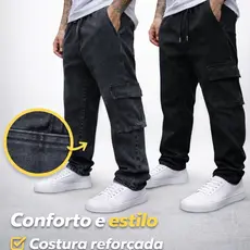 Kit com 2 Calças Cargo Masculinas Jeans Sarja Com Elástico e Cordão Na Cintura