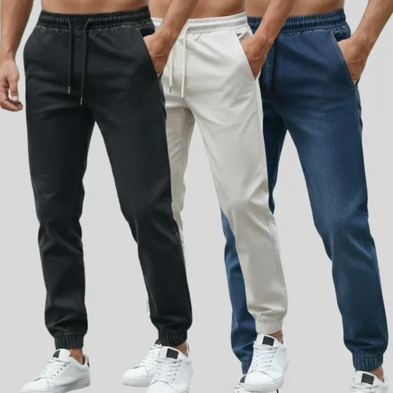 Kit com 3 Calças Jogger Masculinas de Sarja Premium Slim Fit Com Cordão E Elastano