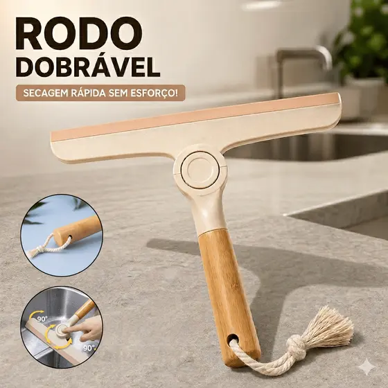 Rodo de Pia Dobrável Bege com Cabo de Bambu Multiuso Compacto Secagem Rápida Cozinha Banheiro