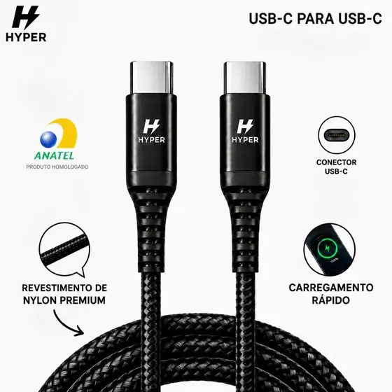 Cabo Tipo C - Tipo C Turbo, 60W Nylon Reforçado Standard Segurança Eletrica - Envio Imediato!!