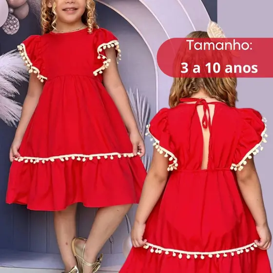 Vestido Infantil Menina Vermelho Pompom MODELO LUXO FESTAS