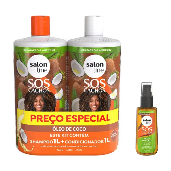 Kit SOS Cachos Coco Shampoo e Condicionador Litrão + Óleo