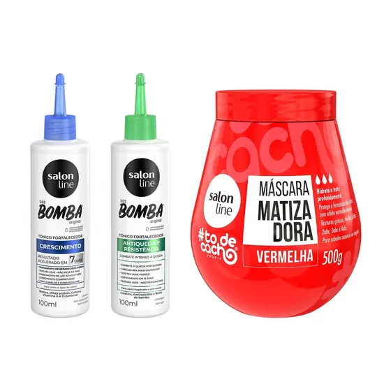 Kit com Máscara Matizado Vermelha + 2 Tônicos Antiqueda e Crescimento Acelerado Salon Line