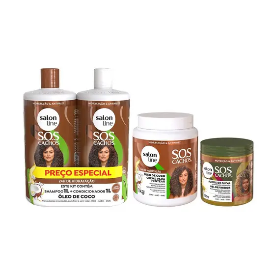 Kit com Creme Para Pentear + Shampoo e Condicionador 1L +  Gel Definidor Sos Cachos Salon Line