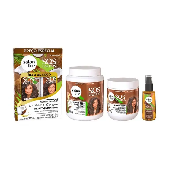 Kit SOS Cachos Coco com Shampoo e Condicionador, Máscara, Óleo e Creme para pentear