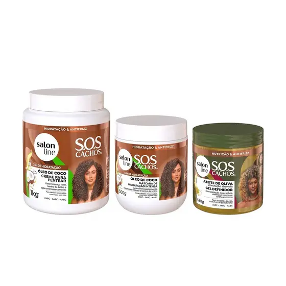 Kit com Gel Definidor, Creme para Pentear e Máscara de Hidratação SOS Cachos Salon Line