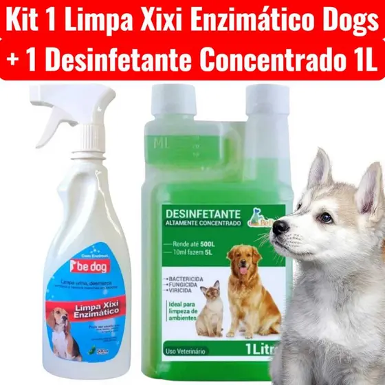 Kit 1 Limpa Xixi Enzimático Cachorro 500ml + 1 Desinfetante Super Concentrado 1L - Herbal - Be Dog