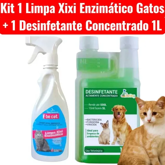 Kit 1 Limpa Xixi Enzimático Gato 500ml + 1 Desinfetante Super Concentrado 1L - Herbal - Be Dog