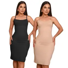 Kit 2 Vestido Midi Segunda Pele Anagua Tubinho Combinação Preto e Bege