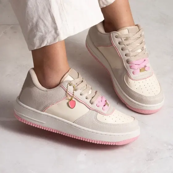 Tênis Feminino Casual Bege Claro Rosa Modinha Blogueira