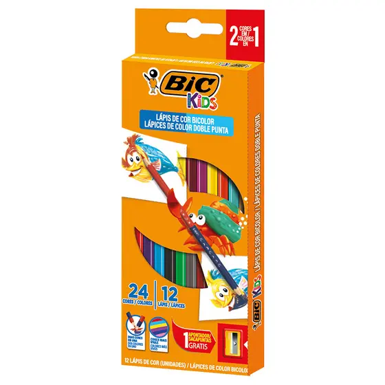 Lápis de cor 24 cores com 12 lápis bicolor Kids + 1 apontador Bic