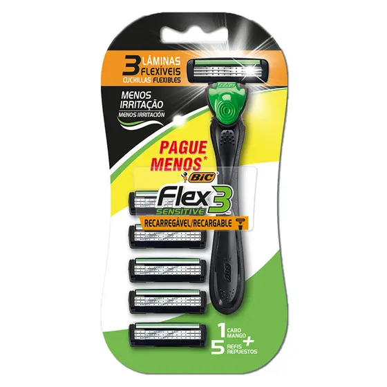 Barbeador descartável Flex3 Hybrid Sensitive recarregável Preto + 5 lâminas Bic