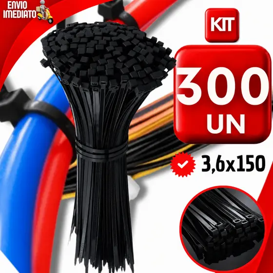 Conjunto Abraçadeira Cinta Nylon Plástica Presilha 3,6x150mm Organiza Fios Preto Enforca Gato