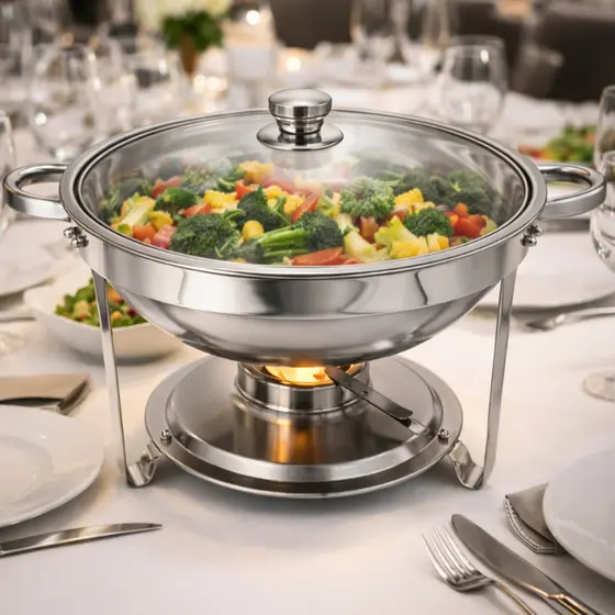 Rechaud 6 Litros Redondo Inox Banho Maria Buffet Festas Cozinha com Tampa de Vidro