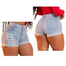 Short Jeans Feminino Barra Dobrada Jeans Claro Curto Cintura Alta Cós Alto levanta o bumbum