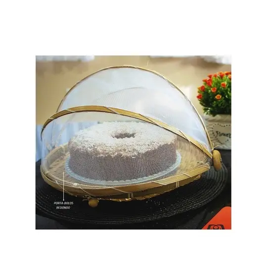 boleira Porta Pão/Bolo Cobertura Retrátil Redondo bambu gtz 30x18cm