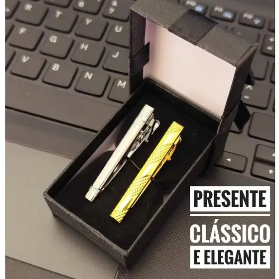 Kit de 2 Prendedores de Gravata Dourado e Prata Cromado Inoxidável Tradicional e Semi Slim 5cm e 6cm Variados