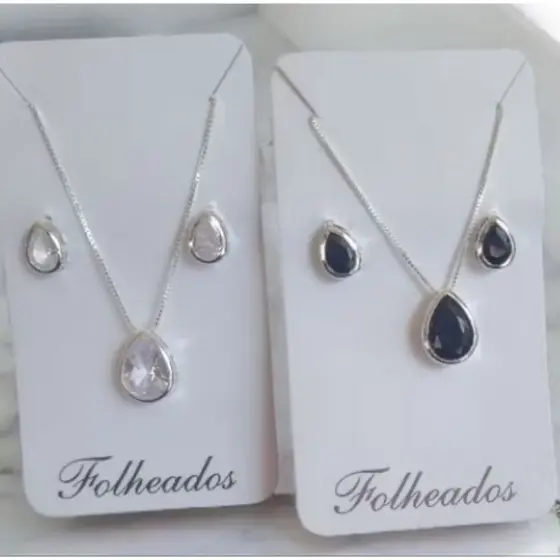 Conjunto Colar Veneziana e Brinco Gota Cristal e Onix Folheado a Prata