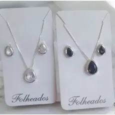 Conjunto Colar Veneziana e Brinco Gota Cristal e Onix Folheado a Prata