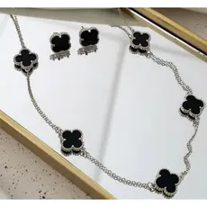 Conjunto Kit Colar 5 Trevos Dupla Face e Brincos Virgínia Prata Aço Inoxidável
