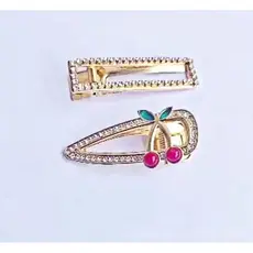 Kit Cartela de Presilhas de Cabelo Cereja Com Strass e Presilha Dourado