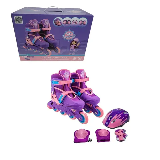Patins Inline Turma da Aventura Roxo Ajustável 30 a 33 Com Kit de Segurança - Unitoys