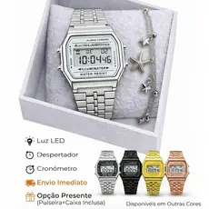 Relógio Digital Retrô Unissex em Aço Preto Prata Dourado Led Vintage Quadrado Clássico Dia Namorados