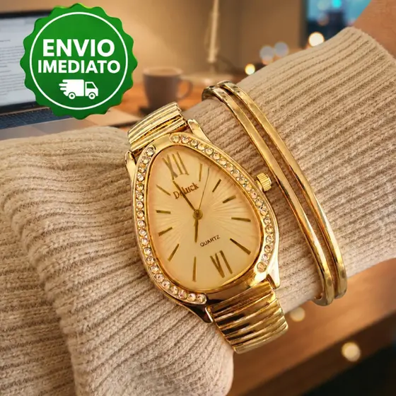 Relógio Feminino Cobra Elegante Com Pedras Pulseira Elástica  Prata Rose e Our Strass Dia Namorados