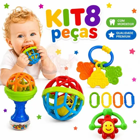 KIT Brinquedos para Bebês Chocalho Mordedor Silicone Macio Bola Colorida Presente Para Menina e Menino Móbile