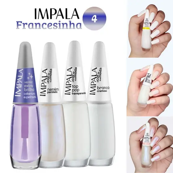 IMPALA Kit 3 Esmaltes Super Francesinha + Verniz Extra Brilho Longa Duração Alta Cobertura Original Manicure Pedicure