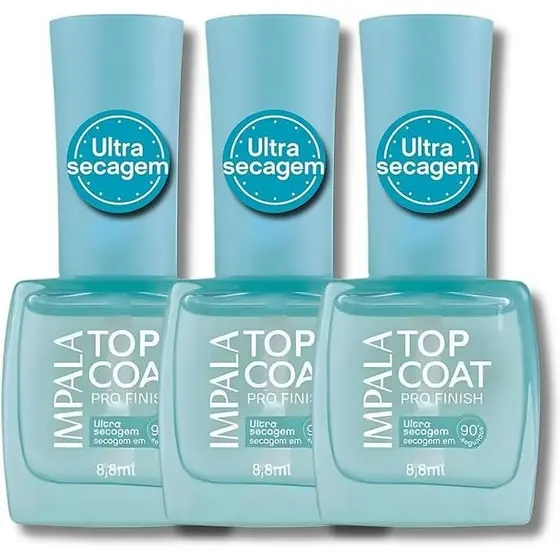 IMPALA Kit 3 Esmaltes Top Coat Pro Finish LANÇAMENTO Ultra Secagem 90s Hipoalergenico Longa Duração Manicure Pedicure