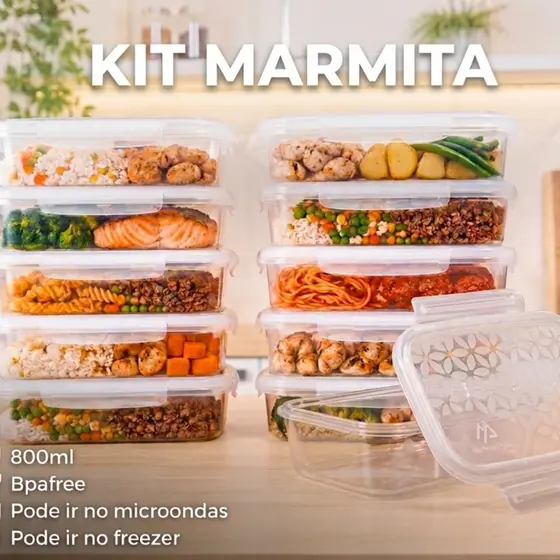 Kit 10 Marmitas Pote 800ml com Travas Laterais Hermético BPA Free | Freezer e Micro-ondas
