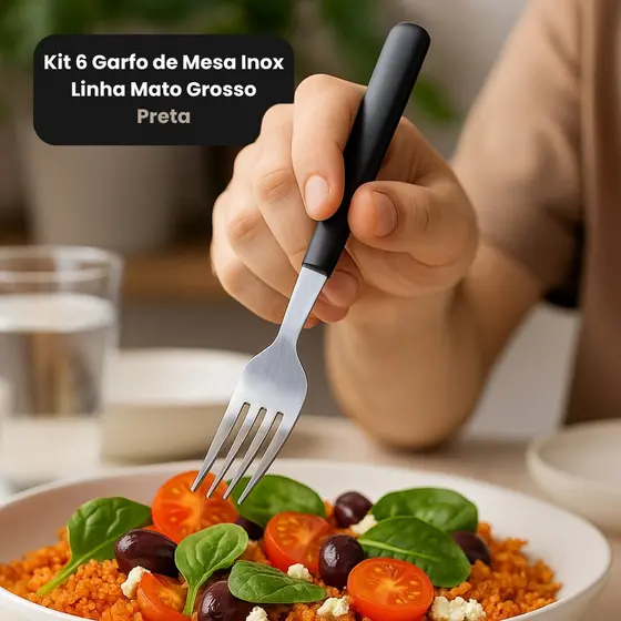 Kit 6 Garfo de Mesa colher e colher de cha temos variaçoes  Inox Linha Mato Grosso - Preta