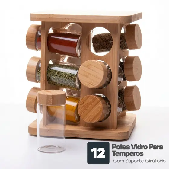 Porta tempero De Bambu 12 Potes Vidro Para Temperos Condimentos Com Tampa Dosadora Suporte giratório 360 120 ml