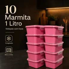 Kit Pote Marmita Colorido C/Trava Transparente 1000ML Fitnes Saudável Dieta Congelador Frutas Hermetico