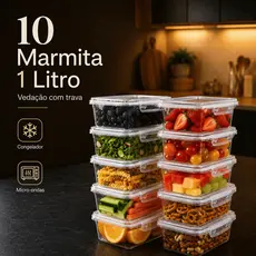 Kit Pote Marmita Transparente 1000ml Com Trava BPA FREE Hermetico Fitnes Dieta Congelador Frutas