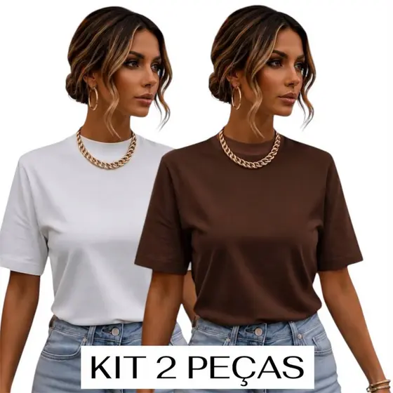 Kit 2 Blusas Feminina Blusinha Tee Básica T-shirt Oversized Camiseta Gola Lisa Algodão Viscolycra