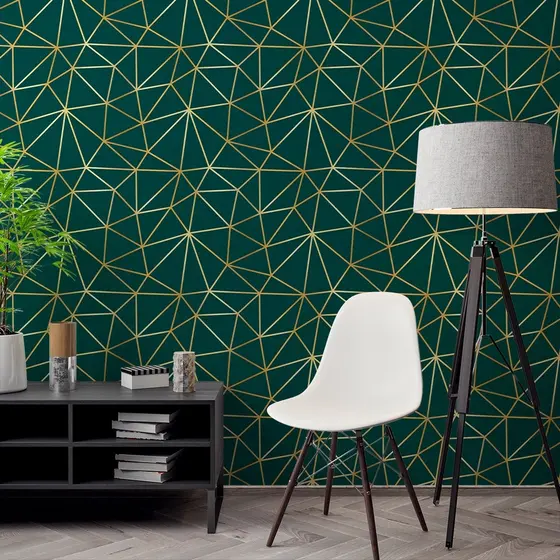 Papel de Parede Adesivo Efeito Zara Verde Musgo Escuro com Linhas Gold Ouro Sala e Quarto 3 Metros